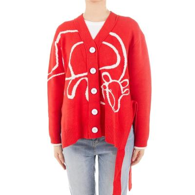 China YINJ Anti-wrinkle Christmas Printing Plain Presentable Jumper V-Neck Cardigans Cotton Knitwear Red Animal Sweater For Women for sale