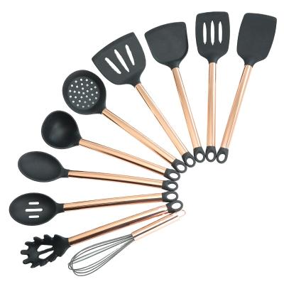 China Sustainable 10 Pieces Stainless Steel Handle Cookware Silicone Utensils Set With Cube Storage Bracket for sale