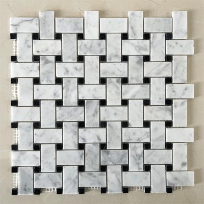 China Natural Stone Bathroom Tiles Wall  Basketweave Pattern Mixed Bianco Carrara White Marble Natural Stone Polished Wall Tile Mosaics for sale