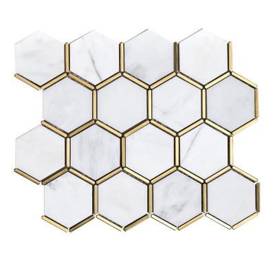 China Natural Stone with metal inlay Tiles for Bathroom Mixed White Marble with Golden Brass Metal Hexagon Pattern Natural Stone Polished Wall Tile Mosaics for sale