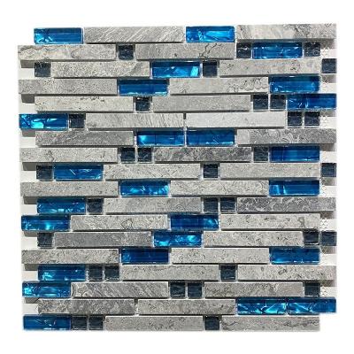 China Natural Stone+Glass Glass Stone Mosaic Mixed Gray Marble and Blue Ice Crack Glass Mosaic Tile Strip Shape Backsplash Wall Tile Mosaics for sale