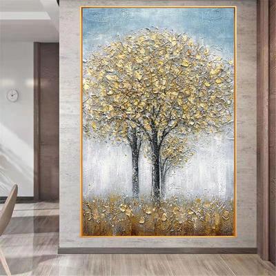 China 100% Hand Painted Waterproof Gold Foil Trees Art Canvas Oil Painting Abstract Oil Painting Wall Art for sale