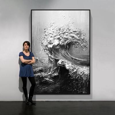 China 100% Hand Painted Waterproof Abstract Oil Painting Black White Sea Waves Canvas Oil Paintings for sale