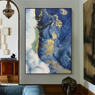 China Beautiful 100%hand-painted Oil Painting Gold Foil Abstract Oil Painting Waterproof Canvas Painting Blue Gold Wall Art for sale