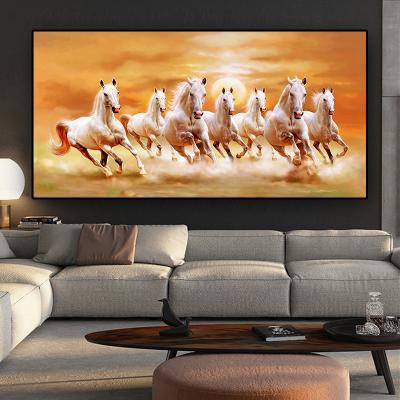 China Waterproof Large Size Animal Seven White Horse Art Canvas Prints On Canvas Posters And Print Modern Wall Painting for sale