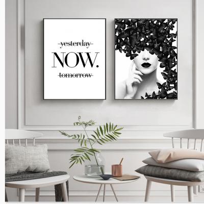 China Modern Art Paintings Canvas Prints Wall Pictures Woman Waterproof Nordic White Wall Butterfly Black Poster Quote for sale