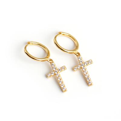 China Hiphop 2024 S925 Sterling Silver Jewelry 18k Gold Plated Cubic Zirconia Cross Drop Hoop Earrings for sale