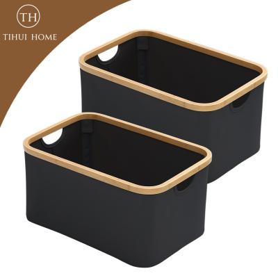 China Tihui Sustainable Home Bamboo Rectangular Basket With Handles Clothes Toy Storage Wardrobe Table Top OEM for sale