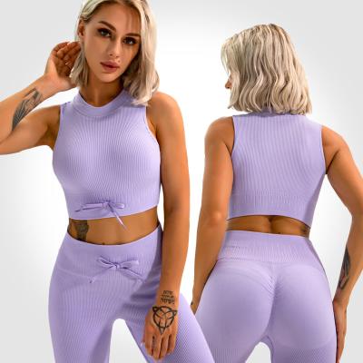 China Wholesale High Quality Fitness Logo Workout Suit Sport Wear Custom Women's Breathable Gym Activewear 2 Pieces Ribbed Seamless Yoga Set for sale