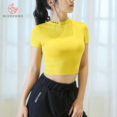 China 100% Antibacterial Cotton Gym Shirt Women Crop Tops Fitness Short Yoga Sports Casual Comfortable Sleeve Shirts for sale