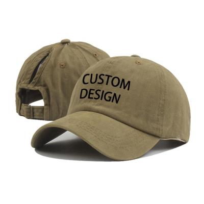 China COMMON Custom Design Adjustable Washed Color Cotton Ponytail Hole Distressed Baseball Cap For Women for sale