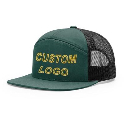 China Custom JOINT LOGO Design Premium Mesh Camo Embroidery Patch Snapback Sports Baseball Dad 7 Panel Trucker Cap Hat for sale