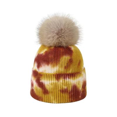 China COMMON Adult Detachable Flip Fur Winter Tie Dye Colorful Pompom Knitted Beanie Hat For Ladies for sale