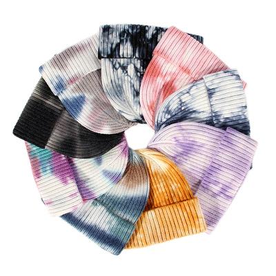 China Fashion COMMON Soft Tie Dye Knitted Cuff Design Multicolor Beanie Cap Winter Hats For Women for sale