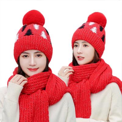 China Wholesale New Design COMMON Acrylic Knit Thick Fleece Pompom Christmas Tree Scarf Beanie Hat Set for sale