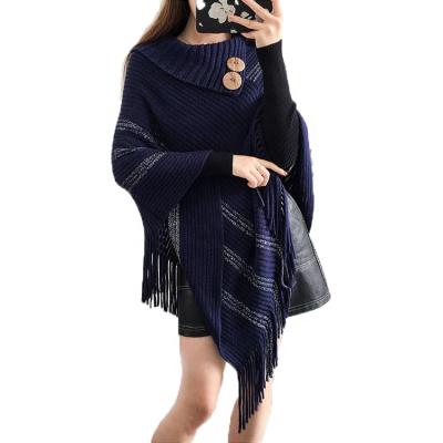 China Hot Selling Anti-pilling Warp Knit Hood Neck Sweater Warm Poncho With Tassel for sale