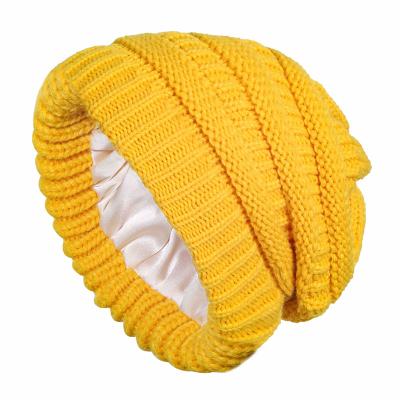 China COMMON 2021 Brand Silk Striped Winter Beanie Hats Chunky Soft Slouchy Cable Knit Thick Satin Custom Hat For Women for sale