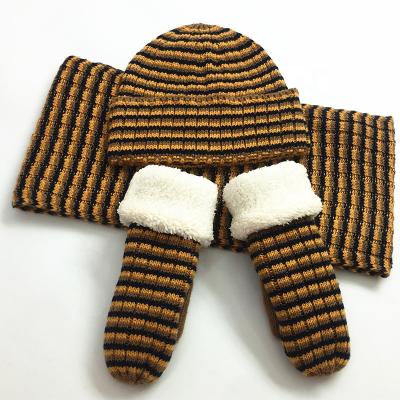 China COMMON Wholesale Winter Boys Girls Toddler Hat Scarf Warm Outdoor Striped Gloves Set For Kids for sale