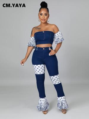 China Cm breathable. YAYA Bandanna Denim Patchwork Flare Jeans Pant Set For Women Summer 2022 Off Crop Two Shoulder Top Matching 2 Piece Set Outfit for sale