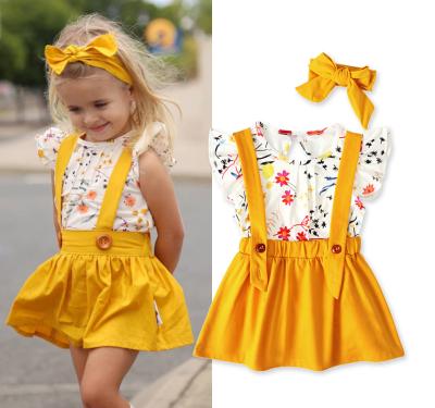 China ENGLAND STYLE New Child Clothinng Wear Kids Boutique Clothes Flower T-shirt and Yellow Overall Clothing Suit with Headband for sale