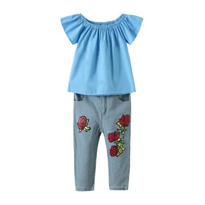 China ENGLAND STYLE 2021 European New Fashion Kids Clothes Girls Clothing Off-shoulder Top+ Rose Flower Jeans for sale