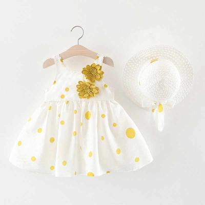 China 2021 New Price Breathable Cheap Summer Fashion Korean Babies Dress 2pcs Drees + Straw Hat Sleeveless Baby Girl Beach Dress for sale