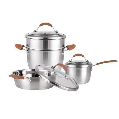 China Sustainable 304 Stainless Steel Cookware Set Induction Based Pot And Pan Set With Steamer for sale