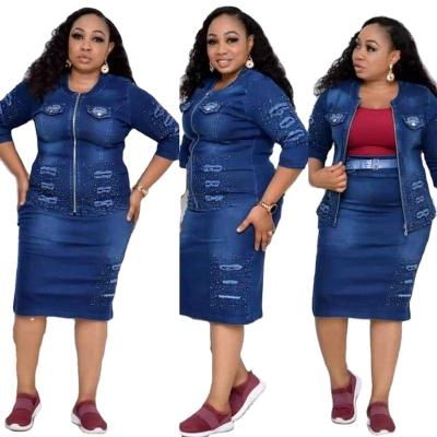 China Autumn Breathable Wholesale Hole Long Sleeve Fitted Plus Size Women Clothing Denim Two Piece Skirt Set for sale