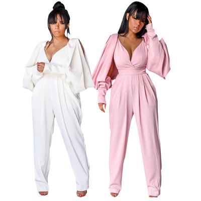 China 2020 Backless Jumpsuit Wholesale Dropshipping Autumn New Solid Color Loose Hollow V-Neck QUICK DRY Long Sleeve Overalls Women Rompers for sale