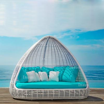 China Sun Bed UV Resistance Rattan Folding Folding Beds Cone Shape Daybed Outdoor Wooden Folding Bed for sale