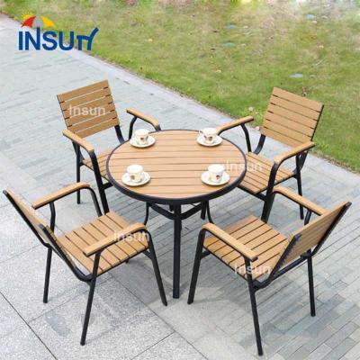 China Outdoor Weather Furniture Garden Sets Cafe Set Chair Rattan Outdoor Dining Wood Dining Table Set With Metal Foot for sale