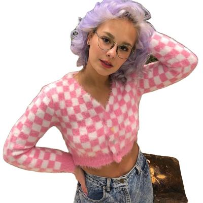 China Anti-wrinkle new hot sale autumn pink checkerboard checked mink short open navel knitted cardigan coat for sale