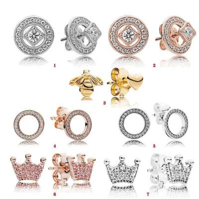 China Pan CLASSIC Family 925 Sterling Silver Rose Gold Bee Around Eternal Pink French Stud Earrings Female Vintage Charm Crown Earring for sale