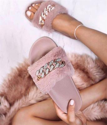 China Lady Soft Fashion Trend Plush Slippers With Gold Chain Women Light Shoes For Winter Pure Color Fur Women Sandals for sale