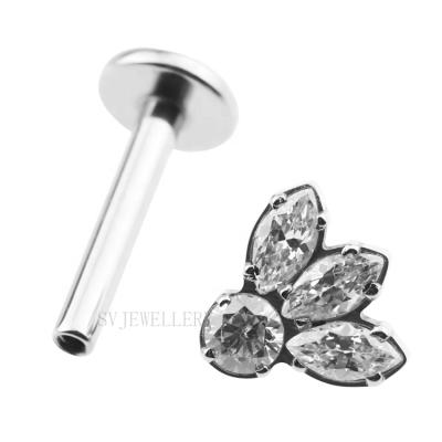 China Crystal Leaf Design Threadless Labret Fashionable Titanium Sleek Lip Tragus Ear Piercing Jewelry for sale