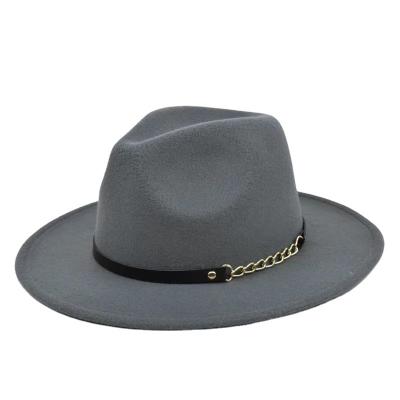 China Picture Wholesale Simple Style Jazz Hat For Adults Classic Fedora Hat With Large Brim Chain for sale