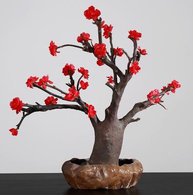 China Wedding Home Decor Red Artificial Potted Floor Plants Plum Blossom Silk Flower for sale