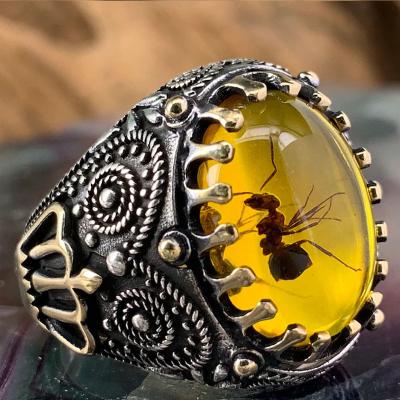 China Direct Sales Amber Ant Personality Retro Bicolor Men Yellow Custom Made Amber Rings For Sale From Factory TRENDY for sale