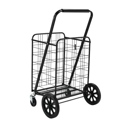 China Household Metal Shopping Trolley Supermarket Laundry Trolley Folding Utility Steel Black Rustproof Mute 150L Large Wheel for sale