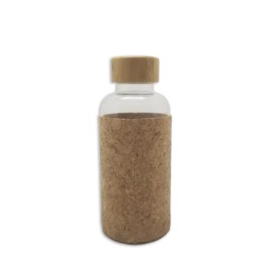 China CLASSIC 360ml borosilicate glass water bottle with cork and bamboo sleeve lid heat resistant glass bottle for sale