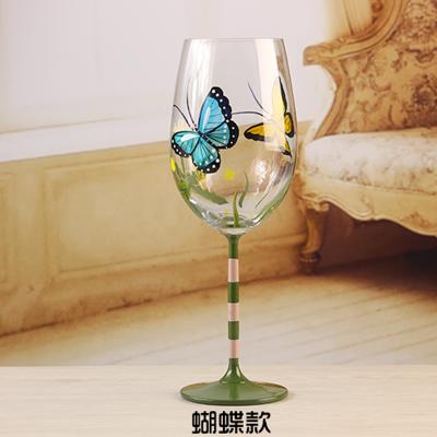 China Viable Butterfly Hand Painted Glass Goblet / Custom Wine Glass for sale