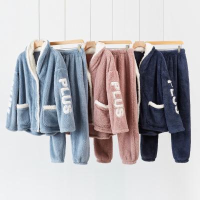 China Hot Factory Direct Selling Breathable Coral Fleece Sleepwear Sets PLUS Pattern Over Sleeves With Button Pajamas Suit for sale