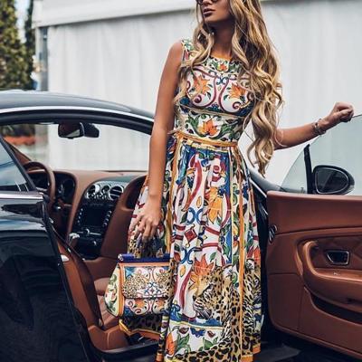 China Vintage Breathable Sleeveless Flare Dress Printing Summer Elegant Dress Women Fashion Knee Length Dress for sale