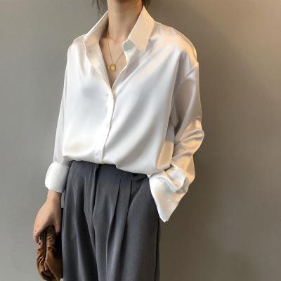 China Autumn Fashion White Lady Long Sleeves Female Button Up Satin Vintage Shirt Women QUICK DRY Silk Blouse Loose Street Shirts for sale