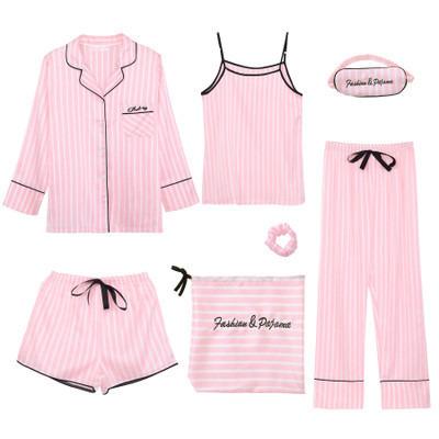 China 7 Pieces Women's Pajama Sets Faux Silk Striped Pajama Sets Women's Pajamas Sleepwear Sets Spring Summer Breathable Homewear for sale