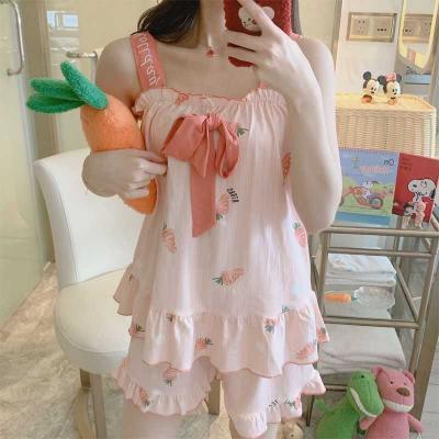 China New Summer Cartoon Print Breathable Thin Female Pajamas Lovely Vest Pajamas Suit Comfortable Home Wear for sale