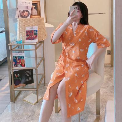 China New Summer Breathable Casual Sleepwear Five-Quarter Sleeved Cotton Nightgown Simple One-Piece Printed Lady's Home Wear for sale