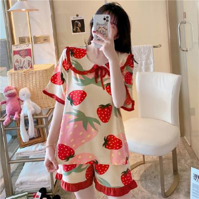 China Summer Breathable Pajamas Female Cute Cartoon Printed Short Sleeve Shorts Pajamas Set Suit Comfortable Home Wear for sale