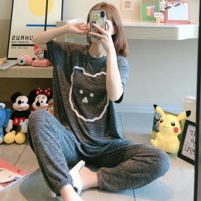 China Summer Pajamas Set Breathable Short Sleeve Long Pants Pajamas Women Loose Pajamas Cartoon Printed Home Wear for sale