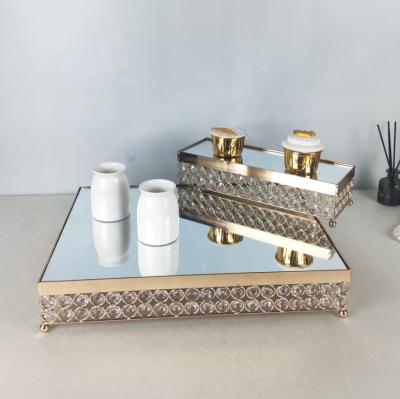 China European Luxury Wedding Party Decoration Storage Tray Gold Metal Crystal Glass Square Tray for sale